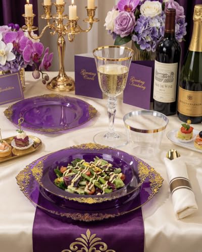 Purple Plastic Dinnerware Set for 25 Guests - 175 Pcs Clear & Gilded