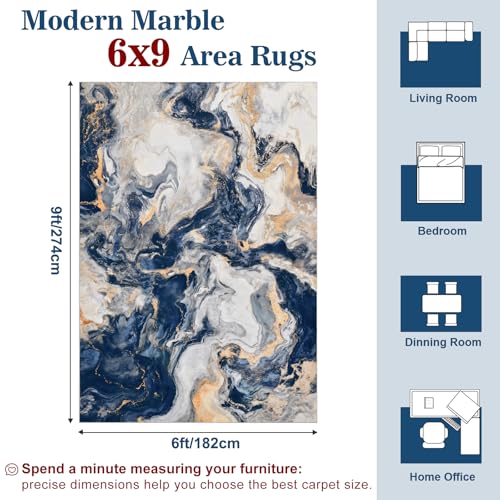 Yinhua Blue & Gold Marble Area Rug 6' x 9' Washable Living Room Bedroom Decor