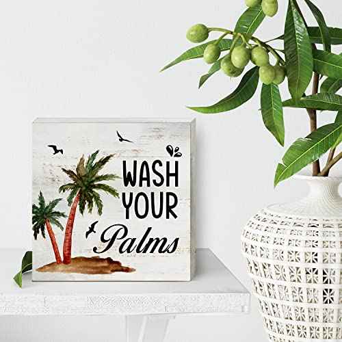 Wash Your Palms Wood Box Sign Home Decor Rustic Bathroom Quote Wooden Box Sign Block Plaque for Wall Tabletop Desk Home Bathroom Decoration 5" x 5"