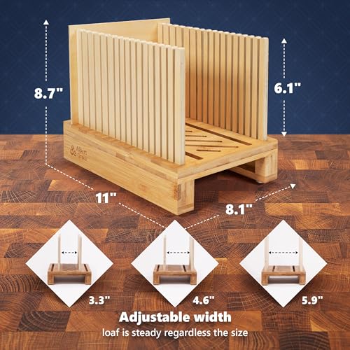 Albert & Grace Adjustable Bamboo Bread Slicer with Folding Guides — Sturdy, Adjustable for Artisan Loaves