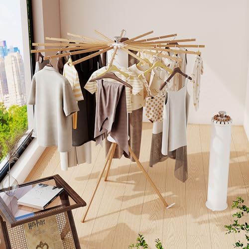 Foldable Clothes Drying Rack with 16 Wood Poles - Space-Saving Laundry Organizer