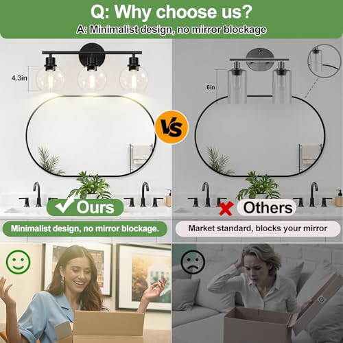 Indoi 3-Light Bathroom Vanity Light Fixture - Matte Black with Clear Glass Globes, Up & Down Mounting