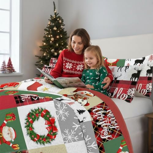 King Size Christmas Quilt Set with Patchwork Santa Snowman Tree - Microfiber Bedding