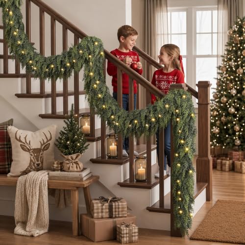 Shareconn 2-Pack 9FT Pre-Lit Cedar Christmas Garland with Lights, Mantel Decor