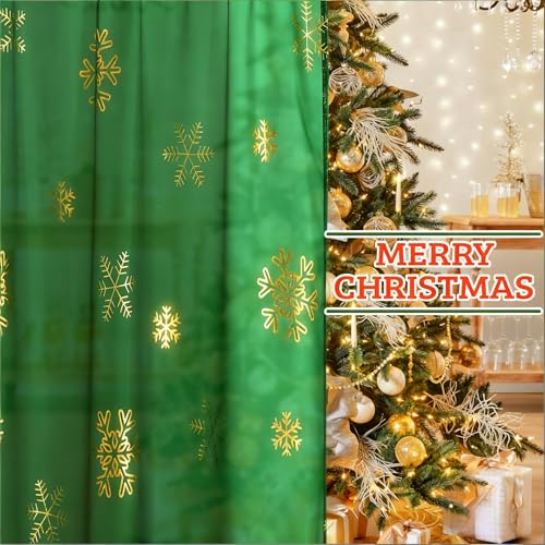 MikiUp Christmas Snowflakes Sheer Curtains 2 Pack Green & Gold 52x95 inches