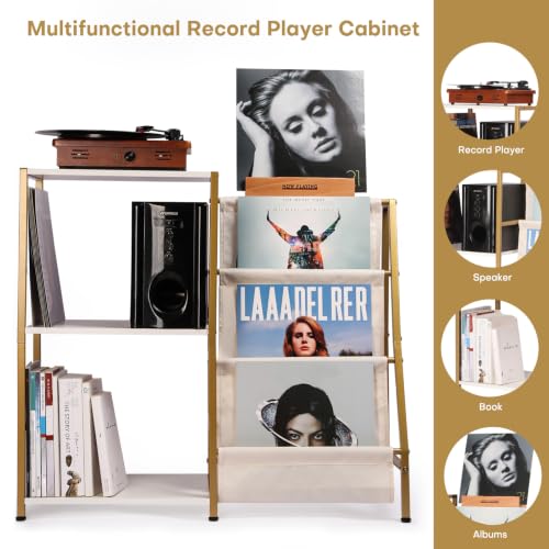 Gold and White Vinyl Record Storage Stand with Turntable Shelf and Now Playing Holder