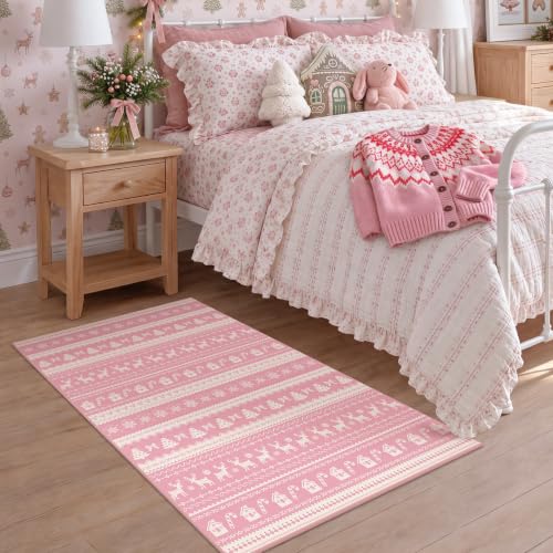 Pink 3x5 Christmas Area Rug with Deer & Tree Design - Washable Holiday Decor