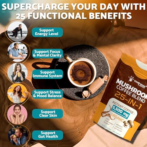 Organic Mushroom Coffee Instant 25-in-1 Lions Mane & Reishi Powder - 6.35 oz Pack of 2