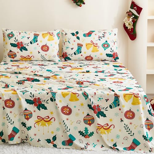 Queen Christmas Bedding Sheet Set - 4 Pieces with Deep Pocket Fitted Sheet, Patterned Holly & Bells