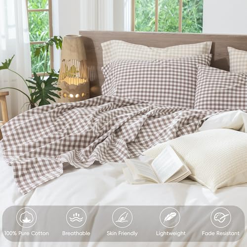 Gingham Sheet Set Queen - Classic Brown 100% Washed Cotton Deep Pocket, Lived-in Feel