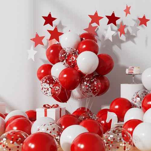 Metallic Red and White Balloons 12Inch 73PCS White Red Confetti Latex Balloons Shiny Helium Balloon Set for Birthday Anniversary Graduation Party Decorations