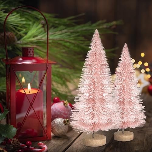 8pcs Mini Christmas Tree, Artificial Bottle Brush Trees with Wood Base, Tabletop Miniature XmasTrees with 4 Small Christmas Wreath, Fake Xmas Tree Ornament, White Christmas Tree for Christmas D?cor