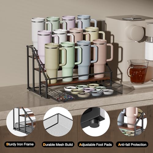 4-Tier Tumbler and Bottle Organizer Rack with Storage Basket - Natural Wood, Includes 12 Bottles