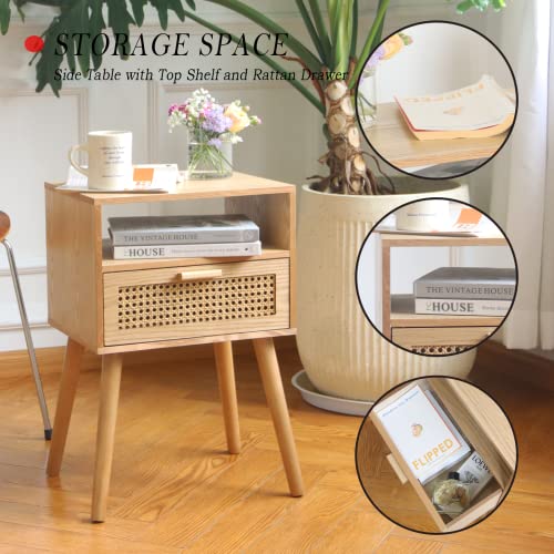 MaxSmeo Modern Nightstand with Rattan Drawer - Natural Walnut Finish - Small Space Bedroom & Living Room Side Table with Storage & Solid Wood Legs - Easy Assembly
