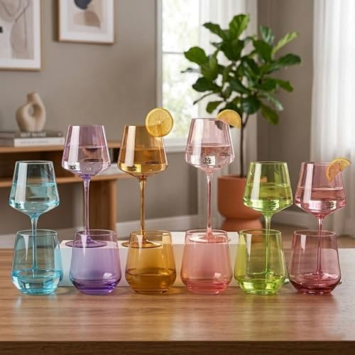 Physkoa Multicolor 16oz Hand Blown Crystal Wine Glasses Set of 6 with Long Stems