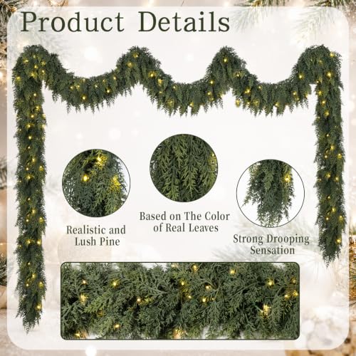 Green 15FT Prelit Cedar Garland with 8 Lighting Modes for Christmas Decor