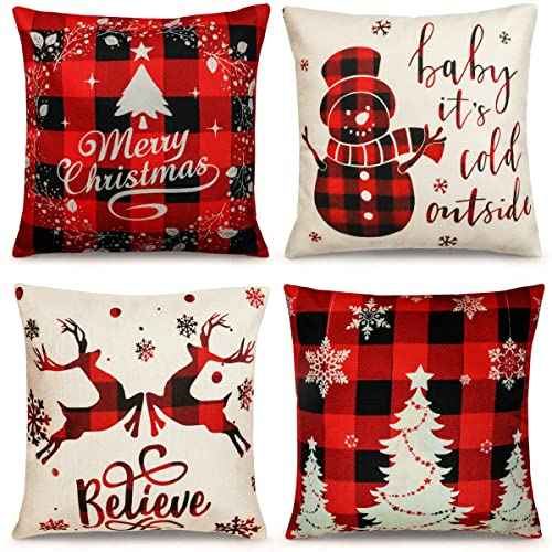 TDHDIKE Christmas Pillow Covers 18¡¿18 Inch Set of 4 Farmhouse Christmas Pillow Covers Christmas Pillow Cases for Sofa Couch Christmas Decorations Throw Pillow Covers