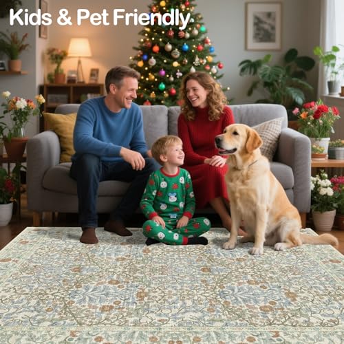 8x10 Beige Blue Washable Area Rug - Soft Botanical Floral Carpet for Living Room