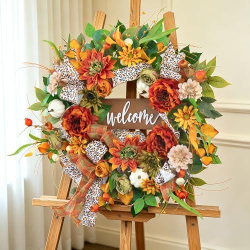 NaturaWre 24 Inch Fall Wreath with Welcome Sign & Leopard Ribbon - Autumn Front Door Decor
