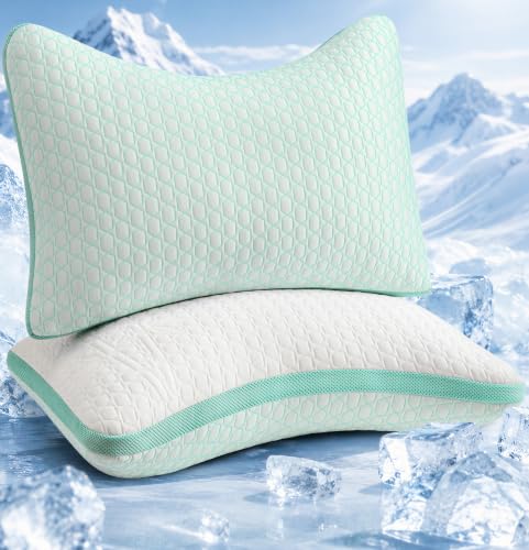 Baskbed Queen Cooling Side Sleeper Pillow 2 Pack - Green, Adjustable Neck & Shoulder Support