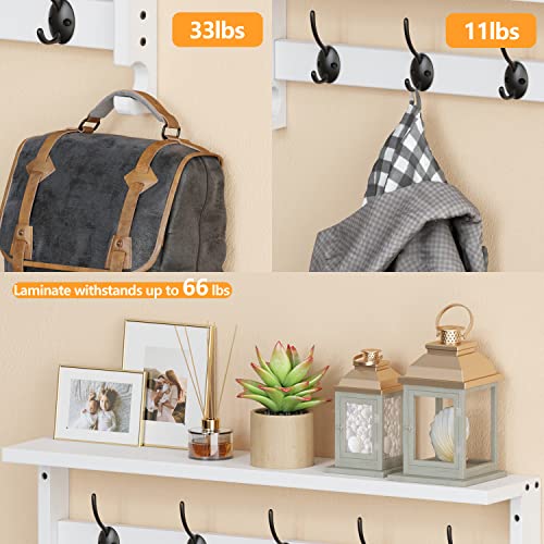 Wall Mount Coat Rack with Shelf 5 Hooks 28.9 Inch Wooden Entryway Organizer - White