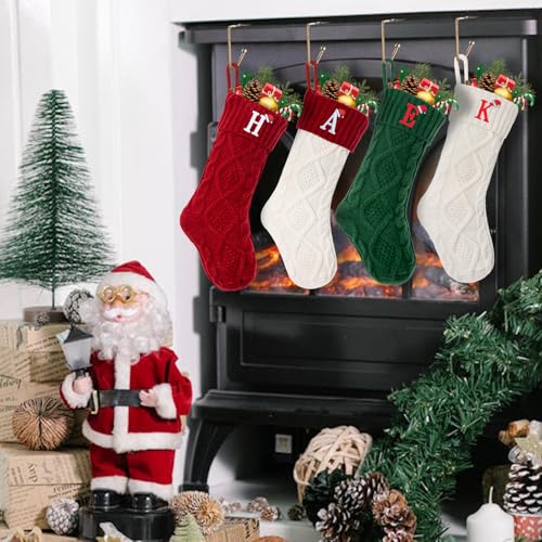 VRFASHION Red Christmas Stockings with Initials M, 18-Inch Monogram Knitted Xmas Stocking