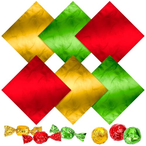 Whaline 300Pcs Christmas Foil Candy Wrappers 3.9 x 3.9 Inch in Red, Green & Gold