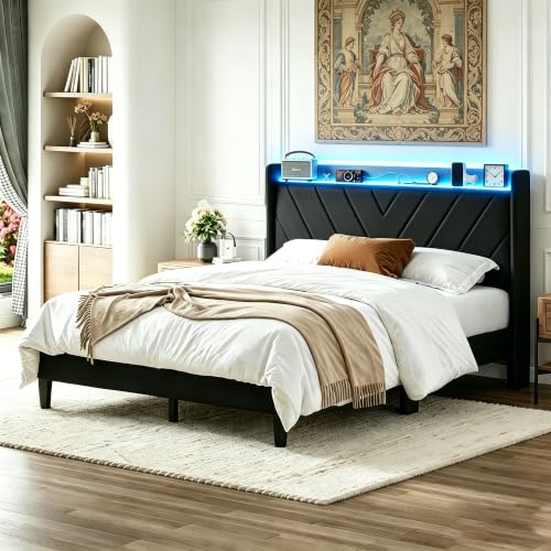 Queen Bed Frame with LED Lights & Charging Station, Upholstered Wingback Headboard, Noise-Free Metal Platform Bed