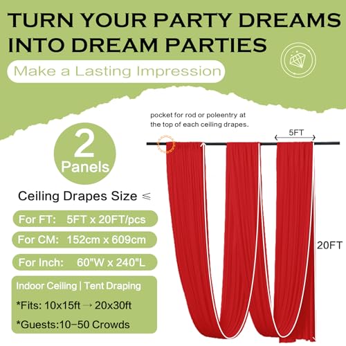 Party Village Red Ceiling Drapes 2 Panels 5ft x 20ft - Bright Red Festive Decor