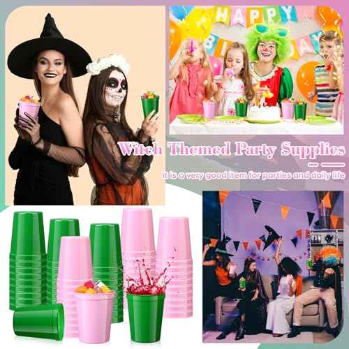 Yungyan 24 Pcs 16oz Pink and Green Plastic Cups Reusable Witch and Princess Beverage Drinking Cups for Movie Party, Witch Themed, Dress up, Christmas, Halloween, Wedding, Graduation Favors Supplies