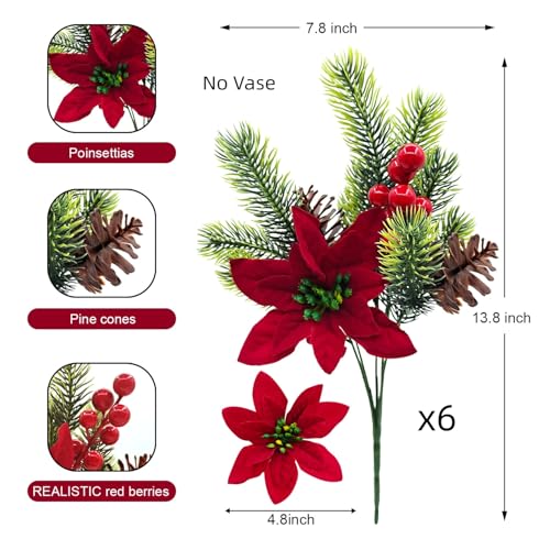 Carfoeny 6Pcs Artificial Poinsettia Christmas Picks with Pine Cones & Red Berries – 13in 4-in-1 Holiday Decor A