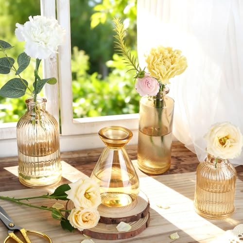 UPBUD Gold Glass Bud Vases Set of 36 - Mini Amber Flower Vases for Centerpieces & Decor (Standard-Gold Amber)