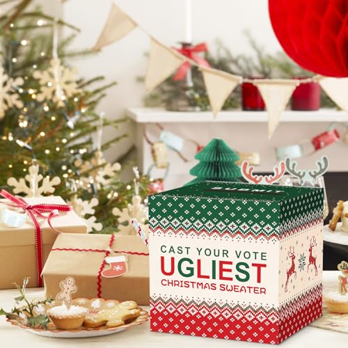Christmas Ugly Sweater Contest Ballot Card Box, Voting Cards Box Set with 50 Voting Cards, Ugliest Sweater Contest Ballot Box for Game & Party Supplies, Holiday Xmas Games Party Decorations
