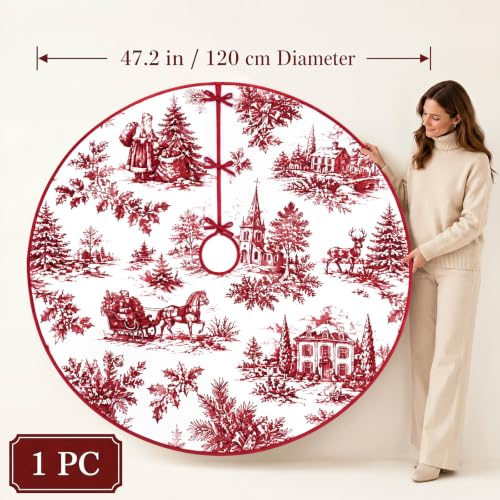 Foilswirl 48'' Red Toile de Jouy Christmas Tree Skirt - Vintage Santa Scene