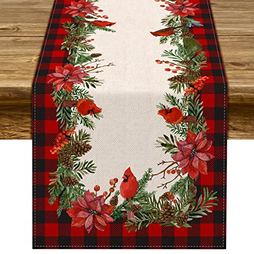 Christmas Cardinal Table Runner Buffalo Plaid Check Poinsettia Holly Xmas Winter Holiday Kitchen Dining Home Decorations (13" x 72")