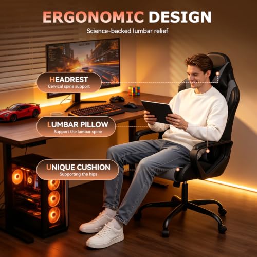 Ergonomic Gaming Chair for Adults - Gray PU Leather, High Back, Rocking, Lumbar Support, Swivel, Easy Assembly - Style1