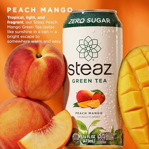 Green Tea Zero Sugar Peach Mango - Organic & Caffeinated, 16 Fl Oz, Pack of 12