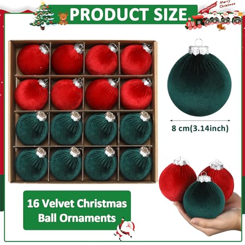 Afniimyapt 3.14 Inch Velvet Christmas Balls Set 16 Pcs Red & Green Holiday Ornaments