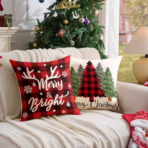 Buffalo Plaid Christmas Pillow Covers 18x18 Red Black Green Set of 4 Farmhouse Christmas Decorations Throw Pillow Covers Winter Holiday Linen Cushion Case for Home Sofa Couch Bed Chair