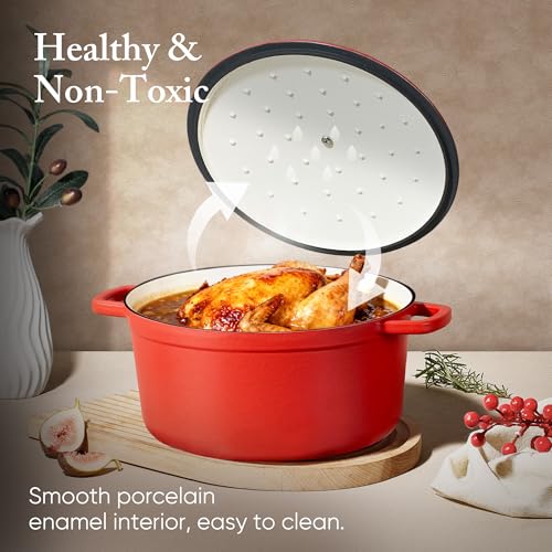 CAROTE 4QT Red Enameled Cast Iron Dutch Oven with Lid - Heavy Duty, Versatile Cooking Pot