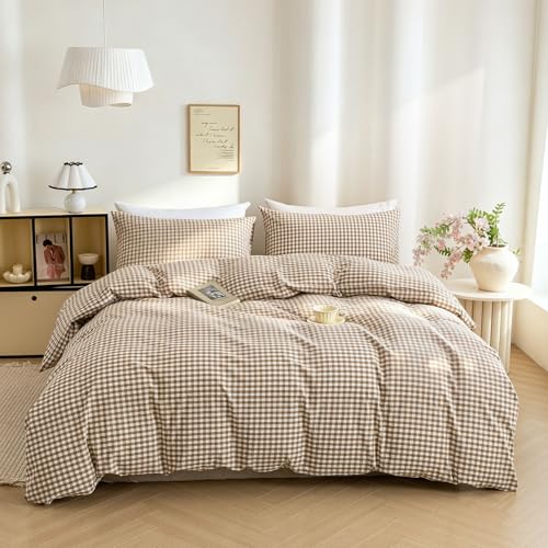 Mucalis Tan Gingham Duvet Cover King 100% Washed Cotton Beige Brown