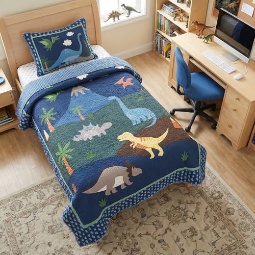 Soul & Lane Dino Delight Twin Quilt Set with Sham, Kids Dinosaur Bedding, Reversible, 68x88