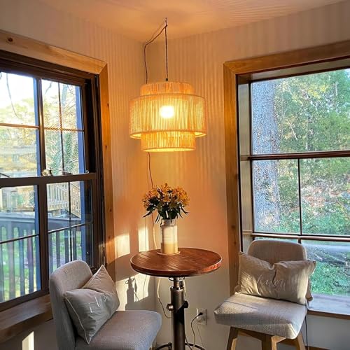 Plug-in Boho Woven Rattan Pendant Light - Dimmable Ceiling Lamp for Living Room & Bedroom - Variation of THIS listing 10