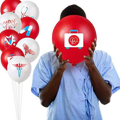 Skylety 48 Pieces Nurse Balloons 12 Inch Congrats Nursing Latex Balloons Bulk Party Decoration Supplies Nursing School Graduation Decoration for Christmas Gifts Nurse Week CNA(Red and White)