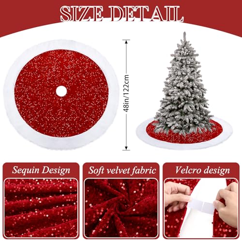 Dremisland 48-inch Red Sequin Christmas Tree Skirt with Faux Fur - Holiday Decor