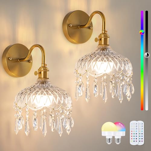 Crystal-2pack Vintage Wireless Wall Sconces with Remote, Rechargeable Battery, Antique Brass Finish, 9.05in - Set of Two