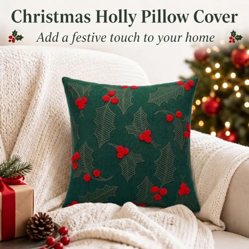 Peryiter 2 Pcs Christmas Throw Pillow Covers 18x18, Holly Berry