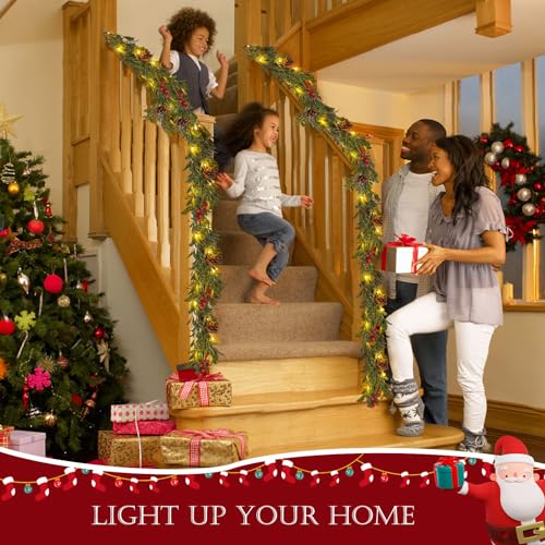 SLPBABY 6.6ft Lighted Christmas Garland – Prelit with 20 Warm LEDs, Pine Cones & Red Berry, Battery Operated w/ Timer