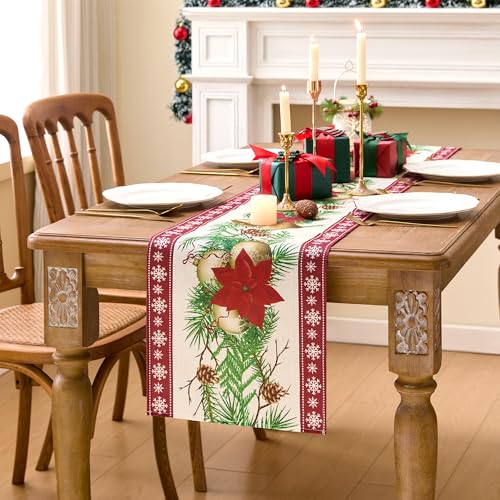 SITUMEIZI Poinsettia Christmas Table Runner Red-White 13x72 Inch Snowflake Holiday Decor