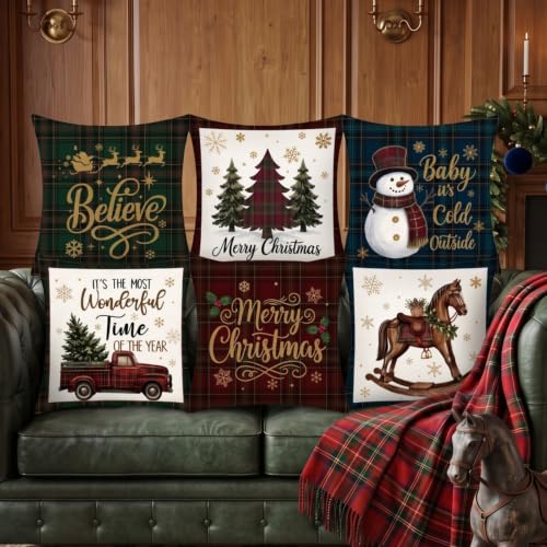FuWeave 6 Pcs Christmas Pillow Covers 18x18 in Rustic Tartan Plaid Set with 6 Vintage Designs - includes Tree, Snowman, Truck